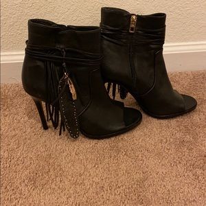 Coach Laurel leather peep toe feather bootie